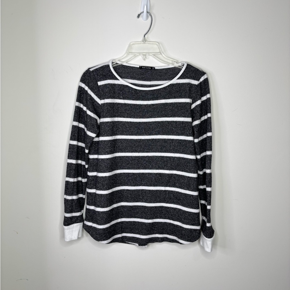BN1 Pink Clover‎ Black White Striped Long Sleeve Top Back Button Casual Fall XS